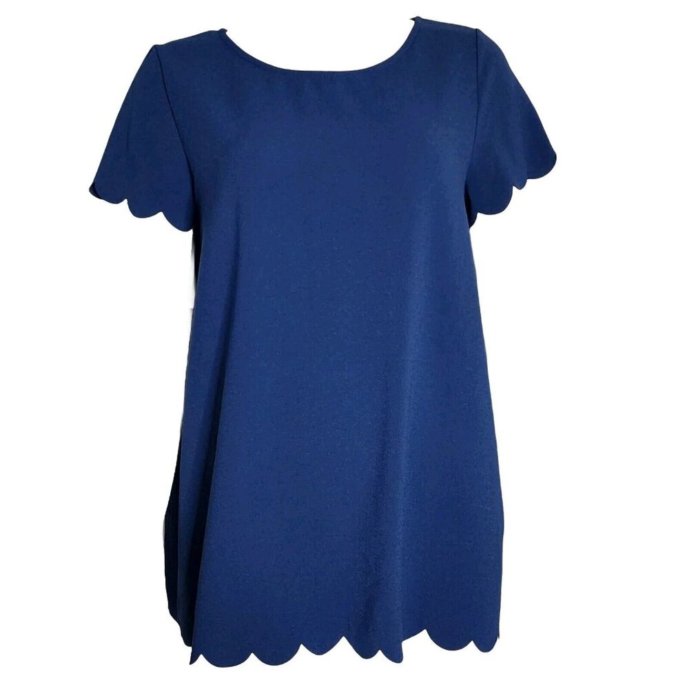 PinkBlush Top Womens Size M Medium Solid All Blue Scalloped‎ Detail Short Sleeve